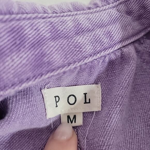 POL Oversized Fringe Denim Jacket Purple Balloon Sleeve Distressed Shacket M Fit - Picture 6 of 7